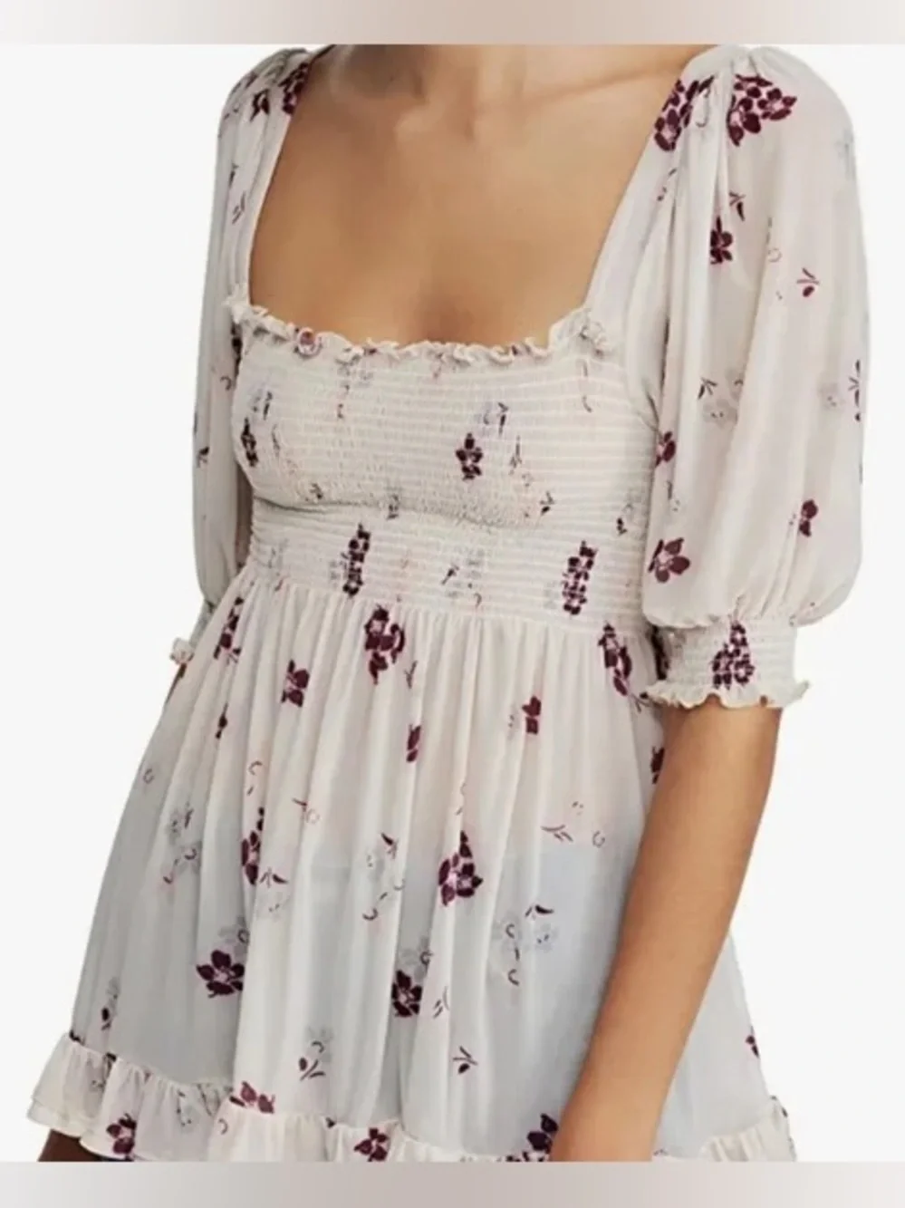 Free People Delta Dawn white Floral Smocked Top Medium